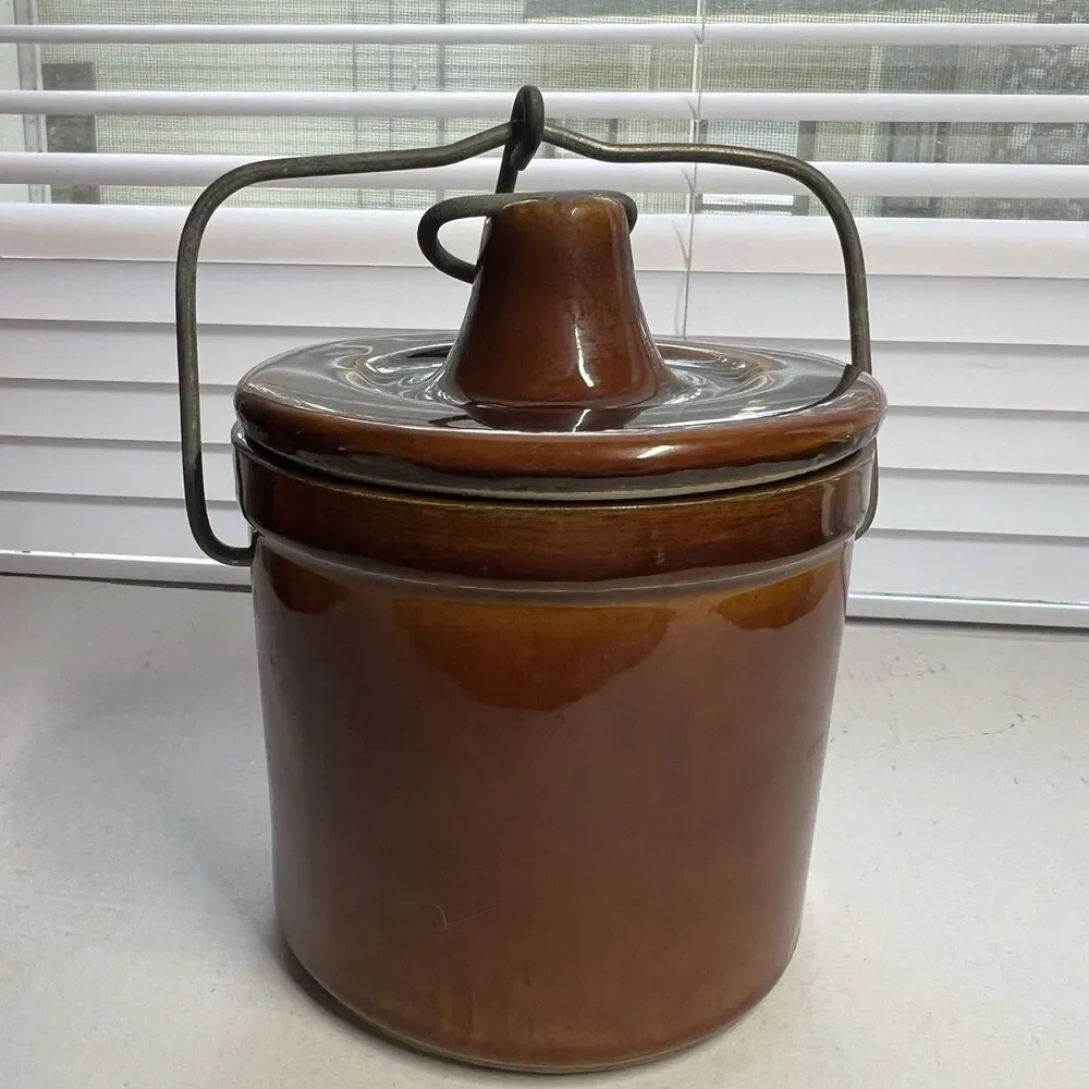 Vintage Brown Glazed Stoneware Cheese Crock Lid Locking Wire Bail Jar Flaws 5”